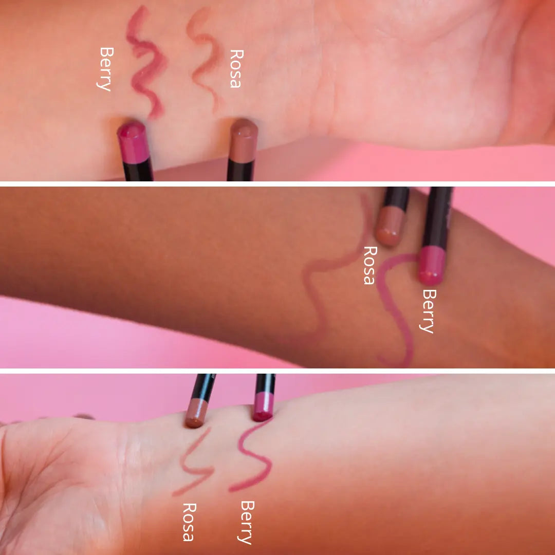 Lipstick swatches on different skin tones with 'Berry' and 'Rosa' labels.