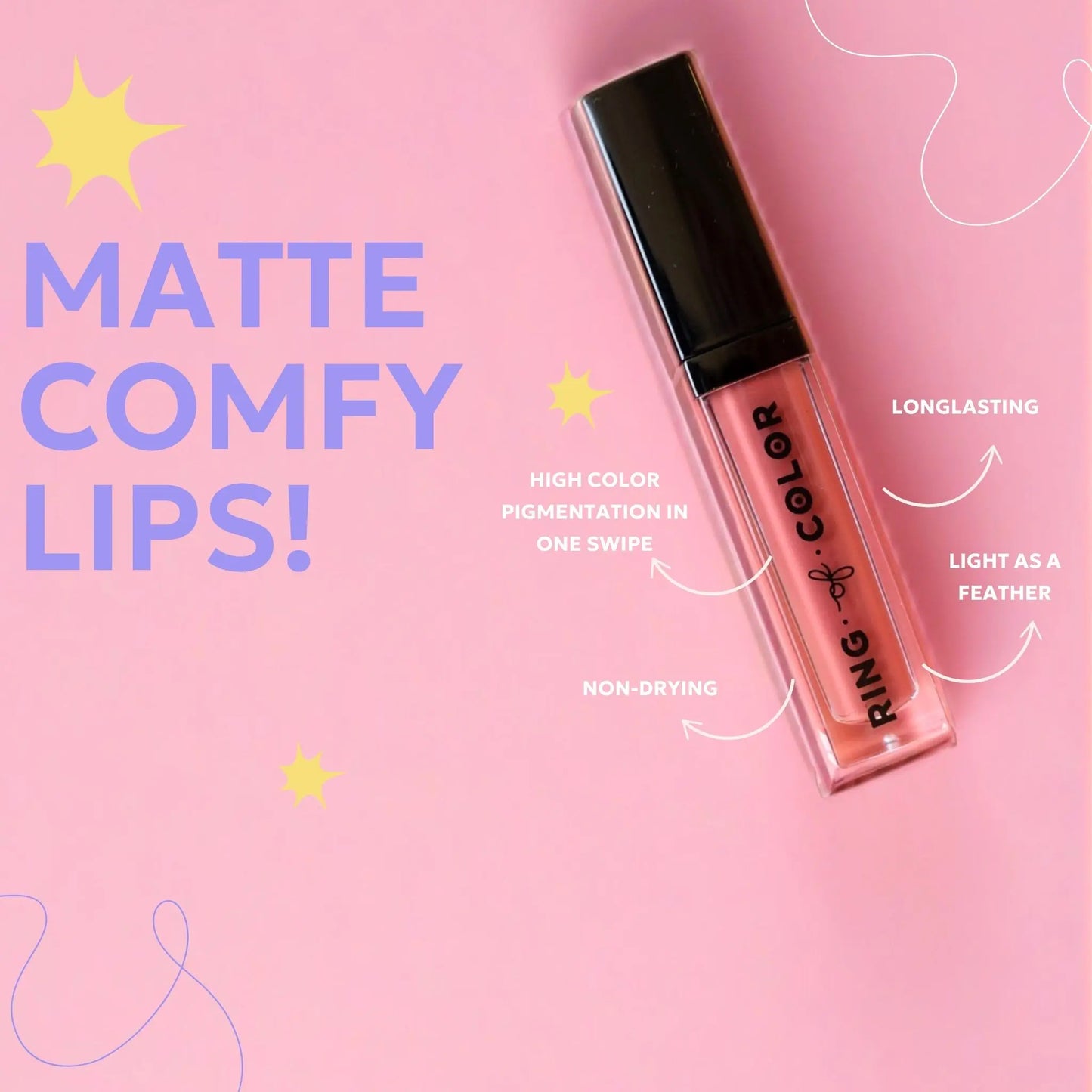 velvet matte liquid lipstick warm pink shade with overlay text that reads matte comfy lips