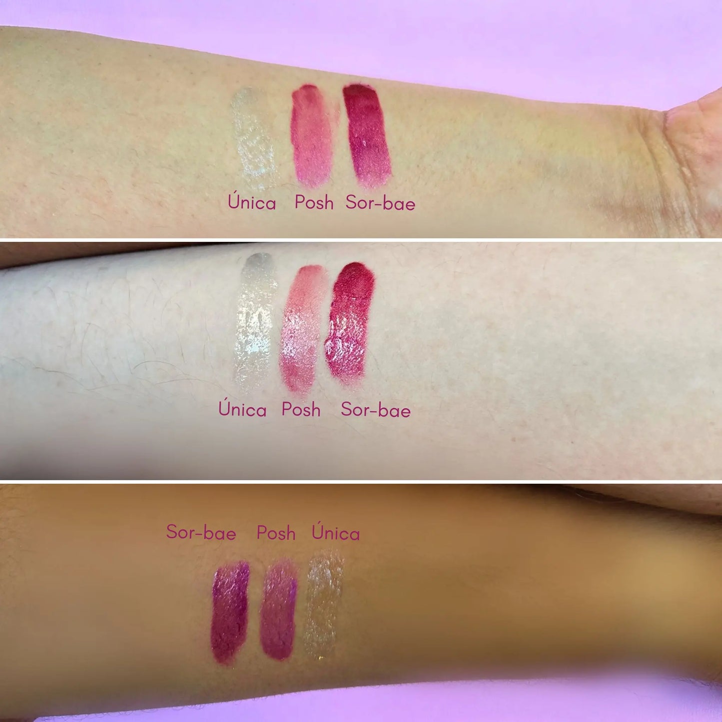Three swatches of lipsticks labeled 'Única', 'Posh', and 'Sor-bae' on a person's arm with a pink background.
