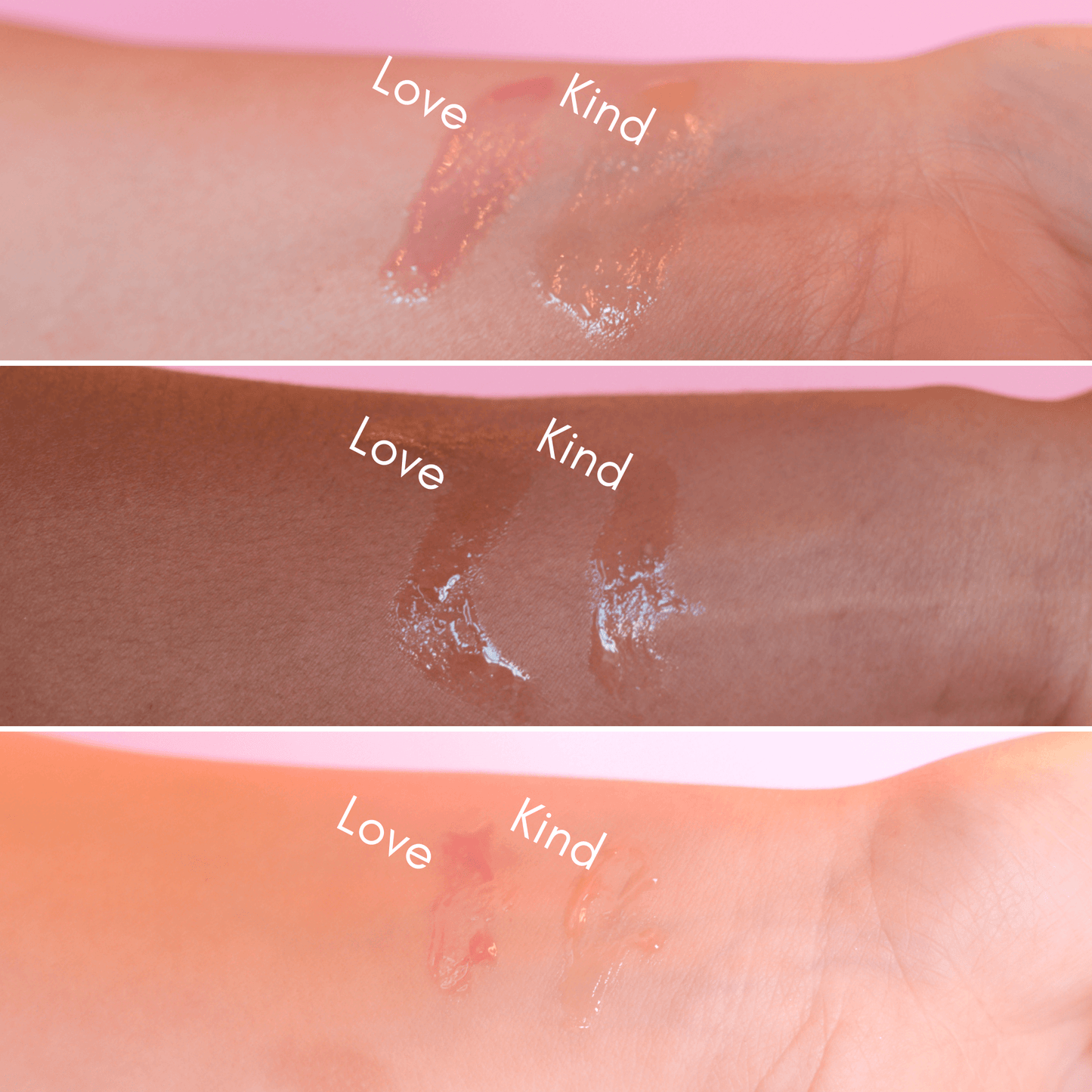 lip oil arm swatch on light skin medium skin and dark skin