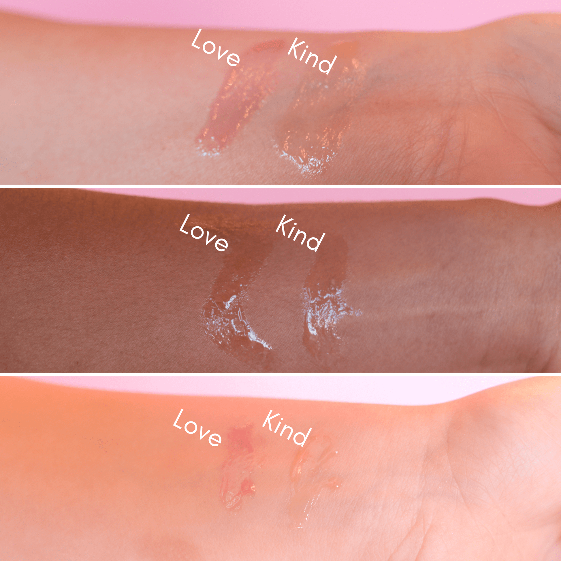 lip oil arm swatch on light skin medium skin and dark skin