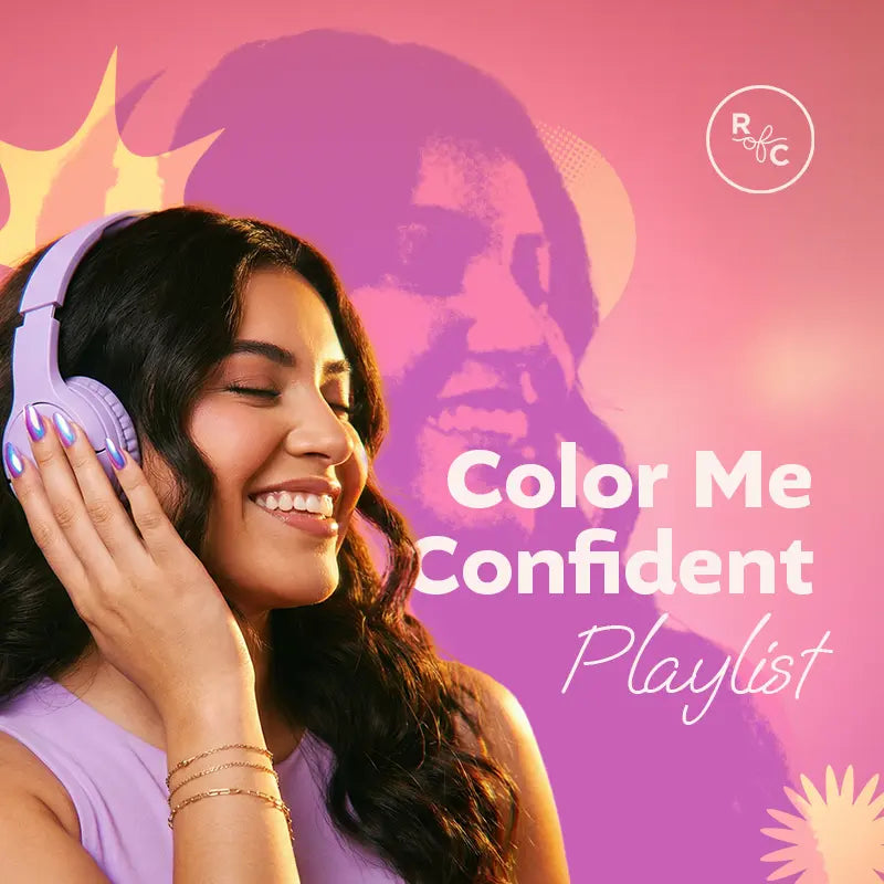 Woman wearing headphones with a colorful background and text 'Color Me Confident Playlist'.