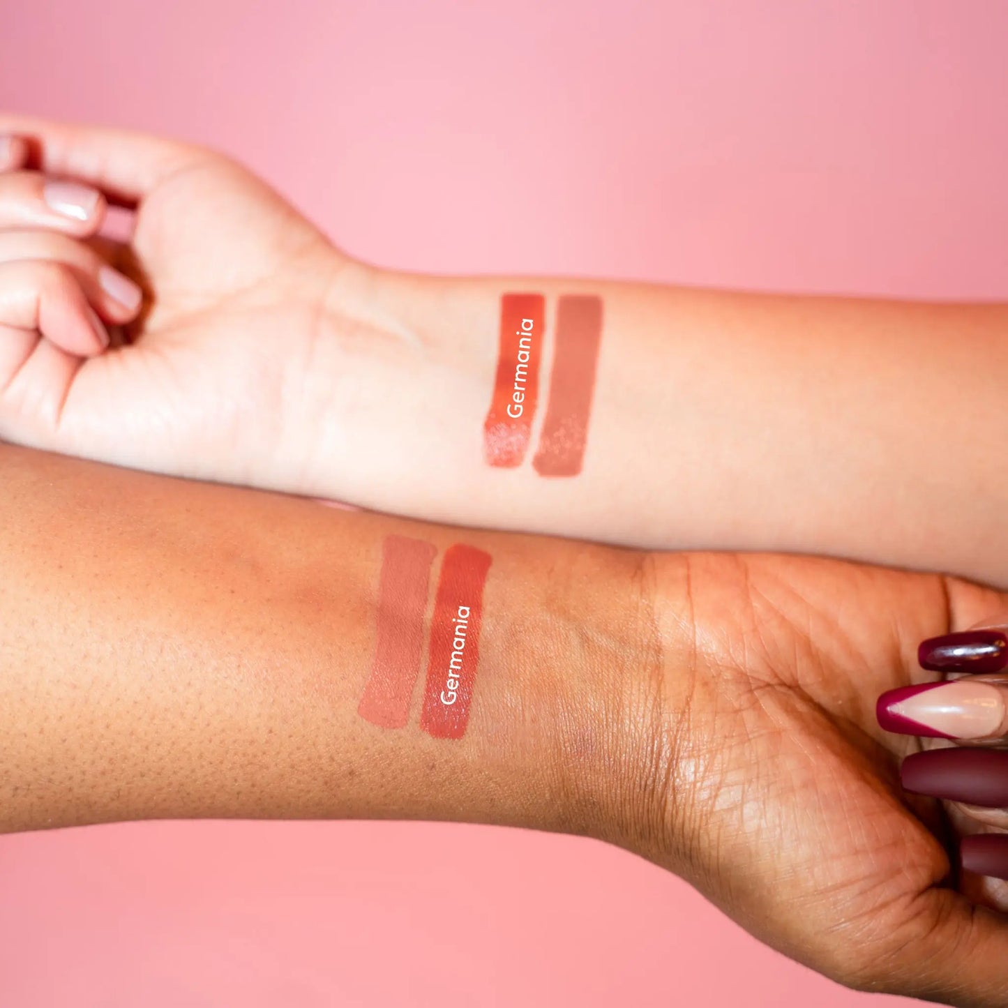 Lipstick swatches on a person's arm with 'Germaine' branding against a pink background