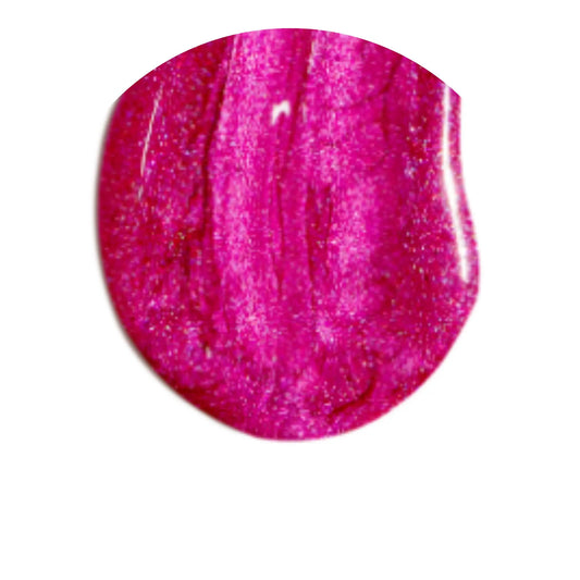 Close-up of a pink glittery nail polish on a white background