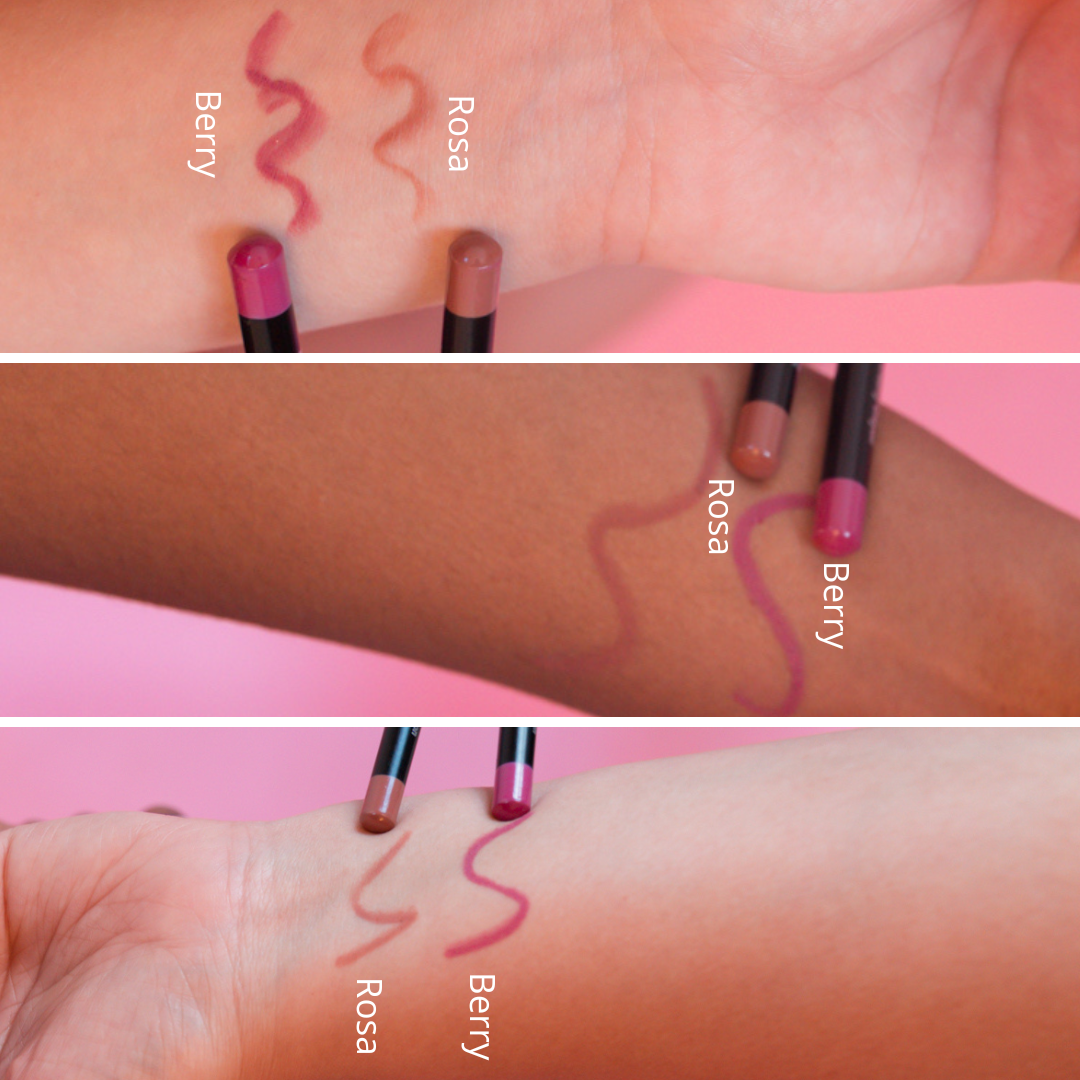 light skin, dark skin, medium skin lip liner arm swatches